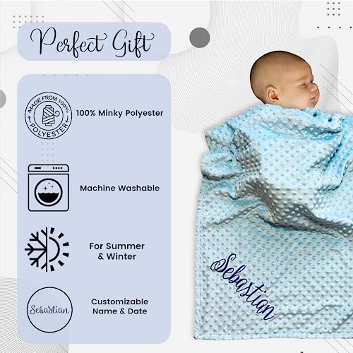 Embroidered Blanket Baby – Beautiful Monogrammed Blanket – Large Personalized Baby Blanket for Boys and Girls – Soft Polyester Baby Blanket with Custom Name – 28 x 34-inch - color: Light Blue
