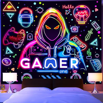 Apdidl Blacklight Gaming Wall Tapestry, Black Light UV Game Player Posters - color: Gamer Blacklight Tapestry, size: 60"L x 51"W