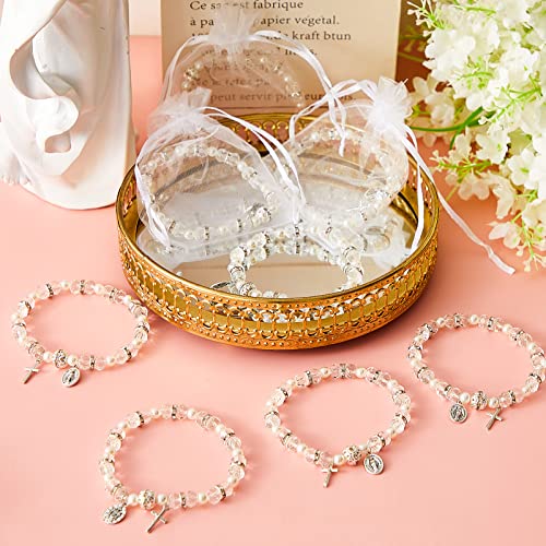 Taiyin Rosary Bracelet Bulk with Mesh Bags, White Religious Rosary Bead Bracelet Catholic Bracelets, Baptism First Communion Gifts for Women - color: Silver