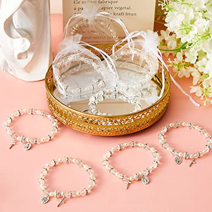 Taiyin Rosary Bracelet Bulk with Mesh Bags, White Religious Rosary Bead Bracelet Catholic Bracelets, Baptism First Communion Gifts for Women - color: Silver