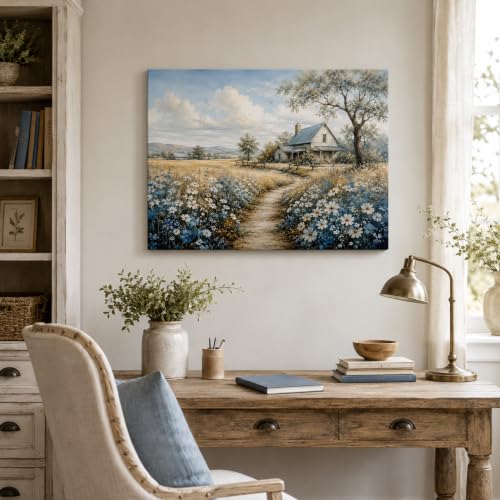 Farmhouse Landscape Framed Canvas Wall Art Wildflower Picture 12x16 Inches - color: Farmhouse Landscape, size: 16"L x 12"W