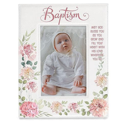 KATE POSH Baptism Picture Frame for Girl, Pink Flowers Decor, Christening, Religisous Gift, From Godparents, New Baby (4x6-Vertical) - size: 4x6-Vertical