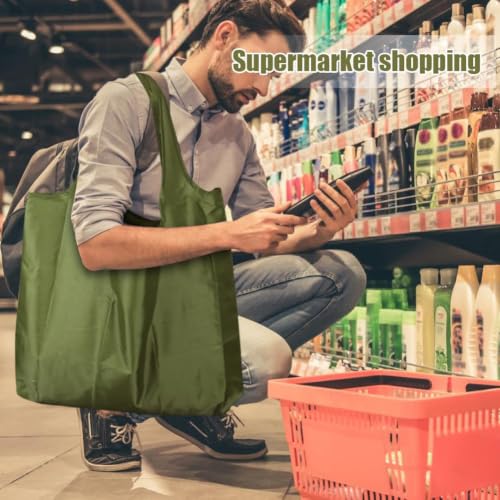 Large 50lbs Heavy Duty Reusable Foldable Grocery and Shopping Tote Bags - Washable Polyester Bags in Pocket - color: Green