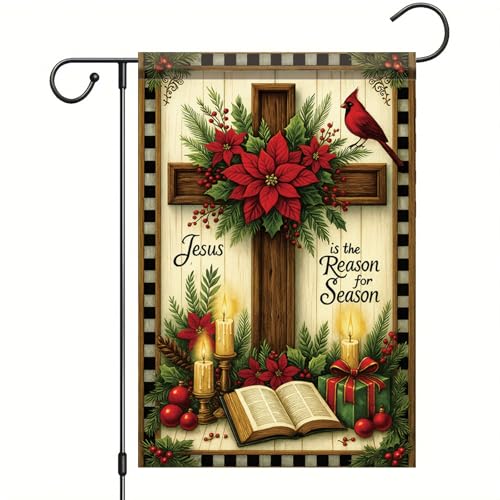 Christmas Garden Flag Jesus Is The Reason for the Season Cross Bible Poinsettia 12x18 Inch Double Sided Outdoor Yard Banner for Religious Christian Nativity Winter Holiday Decoration - color: Cross Bible Poinsettia
