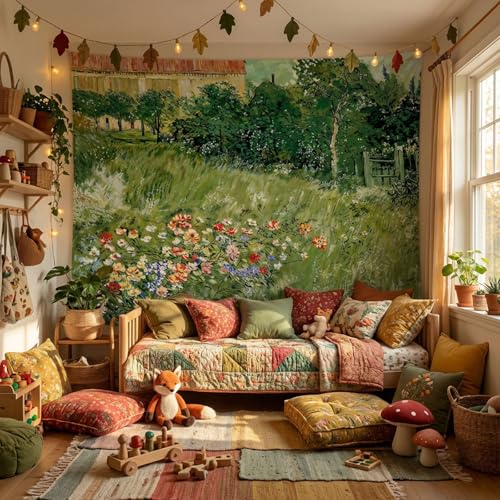 Haibimen Monet Tapestry Impressionist Art Landscape Tapestry for Bedroom Vintage Green Floral Garden Tapestries Wall Hanging for Living Room, Bedroom, Dorm (Green 2, 48''×36'') - color: green, size: 48"L x 36"W