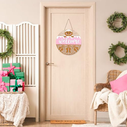 JarThenaAMCS Winter Welcome Door Sign Pink Brown snow Gingerbread Man Wooden Front Door Hanging Sign 3D Round Outdoor Hanger for Party Home Wall Porch Decorations, 12 Inch - style: Gingerbread Man