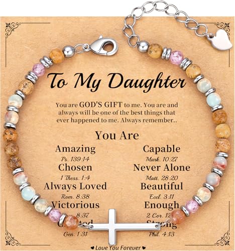 Cross Bracelet for Women, Christian Gifts for Women 2026 Stocking Stuffers for Teens Her Bead Bracelet Adjustable Gemstone Faith Religious Confirmation Communion Bracelet for Best Friend Mom Faith Birthday Anniversary Jewelry - color: Colorful- Daughter