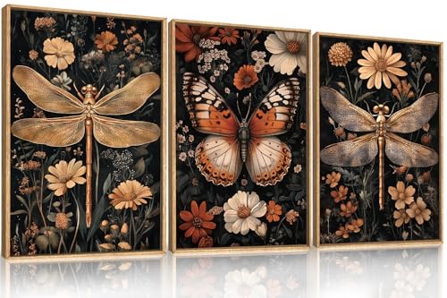 Aryroi Vintage Butterfly Dragonfly Framed Canvas Wall Art Set, Moody Dark Academia Animal Floral Botanical Wall Decor, Retro Insect Flower Wildlife Artwork for Living Room,Bedroom,Farmhouse-16 x24 x3 - color: Black boho Floral Wall Art, size: 16"L x 24"W