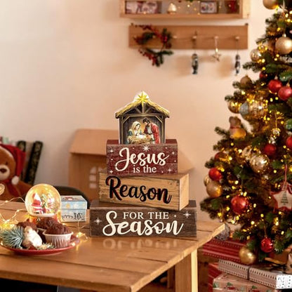 Moucuny 4 Pcs Christmas Table Decor Christian Nativity Scene Wooden Blocks - style: Jesus is the Reason of This Season