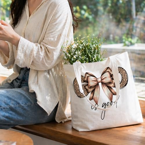 Coquette Bow Leopard Print Christian Canvas Tote Bag for Women, Cheetah Print God Is Good Bible Verse Reusable Shoulder Bag for Work Beach Travel and Shopping Grocery