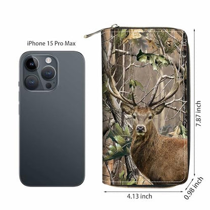 Jungle Camo Deer Print Wallet for Women Large Capacity Wallet Credit Card Holder PU Leather Zipper Clutch Purse Phone Wallet - color: Jungle Camo Deer