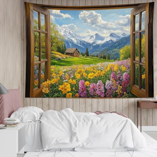 EOBTAIN Garden Window Tapestry Purple Yellow Floral and Cottage on Mountain Tapestry Wall Hanging Green Forest Nature Landscape Wall Art for Bedroom Living Room Dorm Room Decor,59x51 Inch - color: Yellow, size: 51"L x 59"W