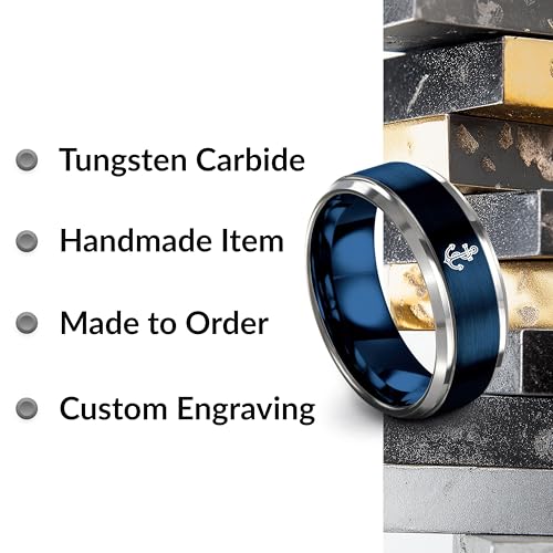 Gift for Nautical Fan - Anchor With Rope Ring - Men Women - Tungsten - Flat Dome Bevel - Band - Yellow Gold Black Silver Blue - Anniversary Wedding - 8mm - Brushed Polished - Personalized Custom Engra - color: 08 - Blue Grey Tungsten