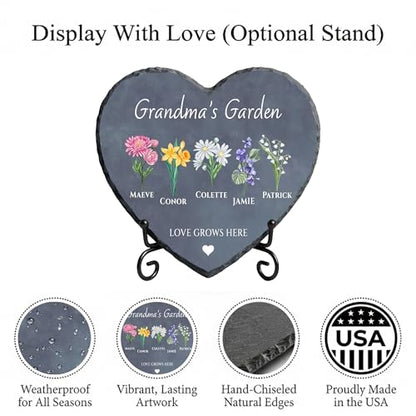 Mom’s Garden Stone Personalized with Kids Names & Birth Flowers - Custom Heart Slate Birthday Gift for Grandma, Nana, or Aunt - Unique Mother’s Day Gifts (S-204) - color: S-204