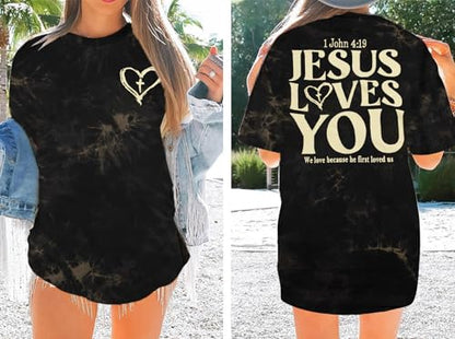 Christian Shirts for Women Oversized Faith Jesus Shirt Inspirational Tops - color: Tie-dyed Grey, size: Large