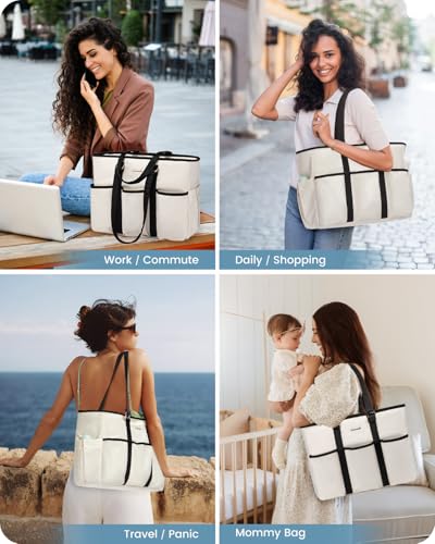 LOVEVOOK Work Tote Bag for Women, 15.6 inch Laptop Bag for Women, Teacher Tote Bag Nurse Bag, Utility Tote For Work/Travel/College/Daily, Professional Computer Purse Large Handbag With Multi Pocket - color: Beige-black, size: 15.6 Inch