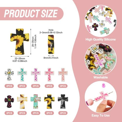 Beadthoven 20Pcs Cross Silicone Focal Beads Cow Flower Printed Silicone Beads for Pens Colorful Easter Jesus Crucifix Cross Shaped Rubber Spacers for Keychain Jewelry Making DIY Crafts - color: Mix Cross 10 Styles