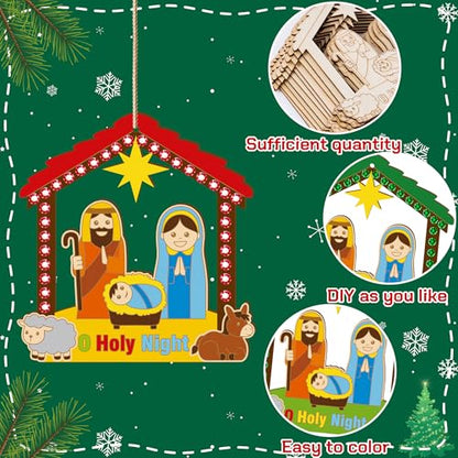 BeYumi Christmas Wooden House Craft - 20Pcs DIY Wooden House Ornaments Craft Kit for Kids Make Your Own Nativity Decor Christian Religious Xmas Crafts with Gem Sticker Church Party Decoration Supplies - style: Nativity House