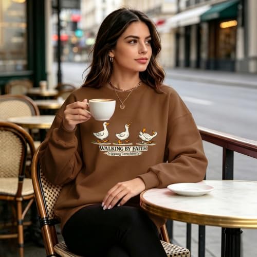 Silly Goose Christian Sweatshirts for Women Walking by Faith Tripping Constantly Sweatshirt Cute Graphic Crewneck - color: Brown, size: Small