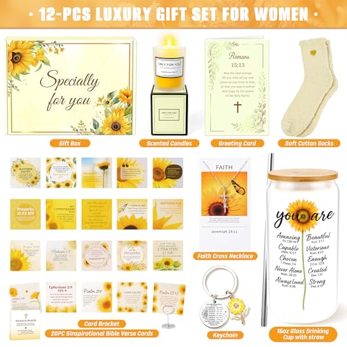 13PCS Christian Gifts For Women Faith -Inspirational Religious Birthday Gifts,Sunshine Box Spiritual Baptism Baskets for Her, Mom,Grandma,Wife,Mothers,Friend, Sister Birthday Valentine's Day Gift - color: Sunflower