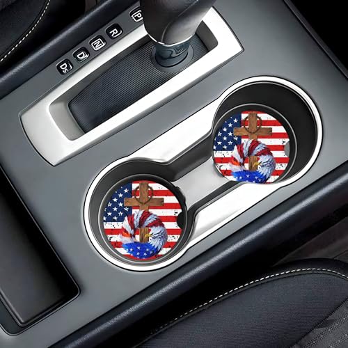 Cross American Flag Car Cup Holder Coasters 2 Pack 2.63" for Women - color: White
