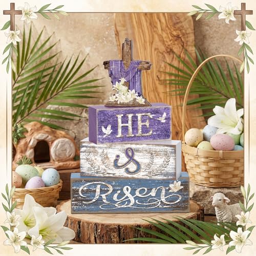 Britimes Tiered Tray Decor Set, 4 Pack, Wooden Table Sign, Easter Christian - style: He Is Risen Cross