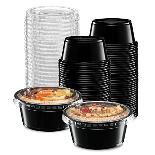 {3.25 oz - 100 Sets} Black Diposable Plastic Portion Cups With Lids, Small Mini Containers For Portion Controll, Jello Shots, Meal Prep, Sauce Cups, Slime, Condiments, Medicine, Dressings, Crafts, - color: Black, size: 3.25 Ounce