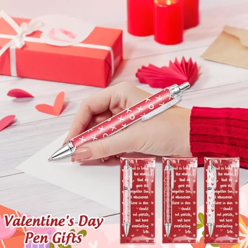 FYSUIMU 30 Sets Valentine's Day Ballpoint Pens Bulk Pink Red White Love Heart Plastic Ballpoint Pens with Bible Verse Thank You Cards for Christian Appreciation Gift Sunday School Church Party Favors