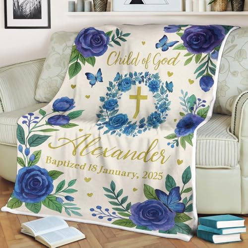 Baptism Gifts for Baby Girl Personalized, Personalized Baptism Blanket for Baby Boy Or Girl Custom Name Cross Throw Child of God Christening Gift with Date Keepsake, Baptism Blanket for Boy - color: #Ver3
