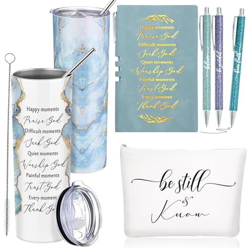 Domensi 6 Pcs Christian Gifts Set, 20 oz Tumbler Notepad Pens, Blue - color: Blue