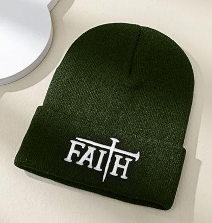 Christian Jesus Cross Beanie - Faith Winter Beanie Hats for Men Women - Religious Gifts for Christmas & New Years - color: Faith-white Cross/Olive Green