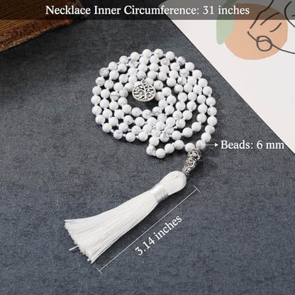 INBLUE 108 Mala Prayer Beads Wrap Necklace with Long Tassel Boho Necklace for Women Amazonite Bead Bracelet with Spiritual Tree of Life Pendant 108 Beads Necklace for Meditation - color: Natural White Howlite