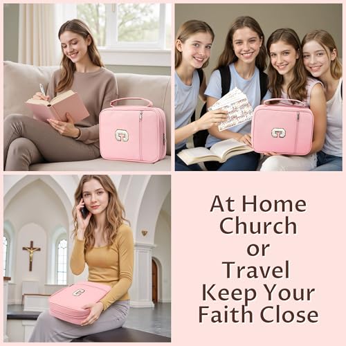 WOBAGMEN Bible Cover for Women,Pink PU Leather Personalized Bible Case with Bible Study Supplies,Including Tabs and Highlighter Set, Faith Chiristain Gift for Women Girls(Pink, C) - size: C
