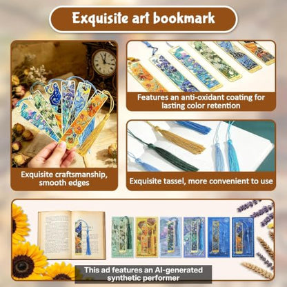 Esoes 6-Pack Metal Bookmarks with Tassels, Gold-Tone Oil Painting Designs