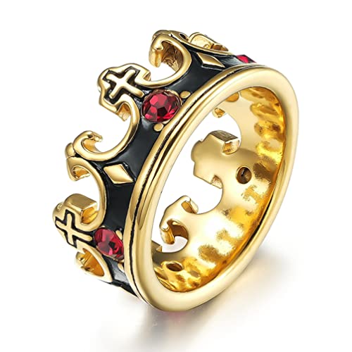 Mens Womens Stainless Steel Vintage Royal King Crown Ring Cross Band Ruby Black Gemstone - color: Gold
