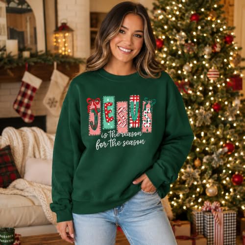 Women's Christian Christmas Sweatshirt Jesus Graphic Crewneck Holiday Top - color: Greena, size: Medium