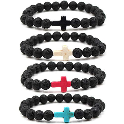 Softones 4PCS Cross Beads Bracelet for Men Women 8mm Healing Lava Stone Stretch Bracelets,7.5" - color: B:4Pcs a set