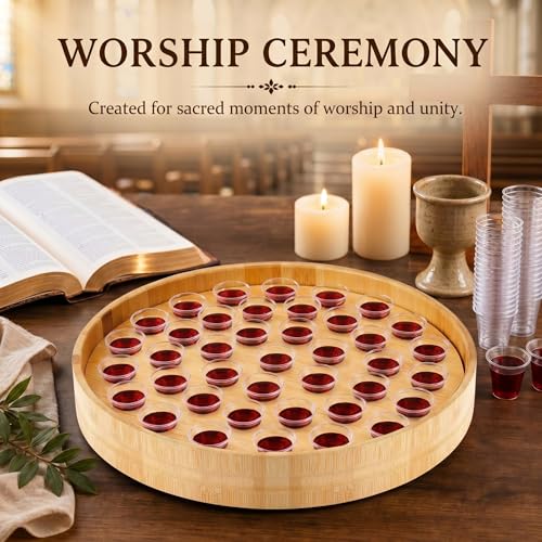 Zhehao 1 Pcs Wood Communion Tray Set with Disposable Cups Church Serving Plate Christian Church Supplies for Sunday Service, Fellowship and Ministry (Bamboo Wood) - color: Bamboo Wood
