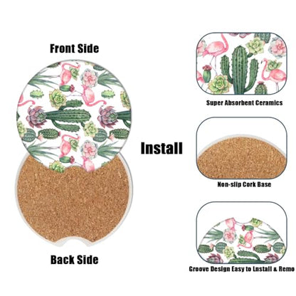 Cup Holders Car Coasters - Flamingo Cactus Absorbent Ceramic Coaster, Drink Cup Holder Coasters, Auto Accessories for Women & Men, Pack of 2 - color: Flamingo Cactus