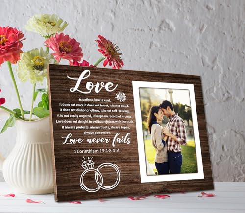 Rustic Photo Frame,Couples Picture Frame,1 Corinthians 13:4-8 Love Never Fails,Couple Gift for Wedding Anniversary, Engagement,Bridal Shower and Valentine's Day Gift 12P043