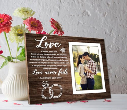 Rustic Photo Frame,Couples Picture Frame,1 Corinthians 13:4-8 Love Never Fails,Couple Gift for Wedding Anniversary, Engagement,Bridal Shower and Valentine's Day Gift 12P043