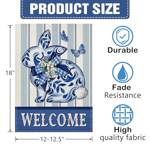 Dyrenson Welcome Easter Chinoiserie Bunny Decorative Garden Flag - color: Bule Rabbit, size: 12" x 18"