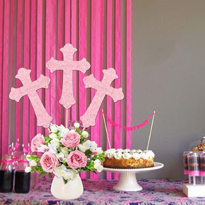 Cross Centerpiece Sticks 12Pcs LUCKYQUBE Pink Glitter Easter Cross God Bless Centerpieces for Table First Communion Baptism Decorations for Girls God Bless Theme Party Supplies