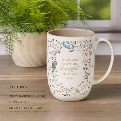 Christian Art Gifts Large Women's Ceramic Coffee Bible Verse Mug - color: White & Taupe Floral/Everything Beautiful