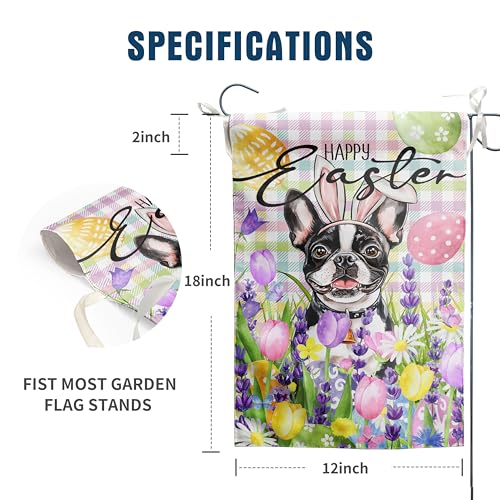 Happy Easter Dog Garden Flag Boston Terrier Spring Flags Buffalo Plaid Bunny Eggs Yard Flag for Outside 12x18 Double Sided Small Decorative Floral Outdoor Flag - color: easter-boston