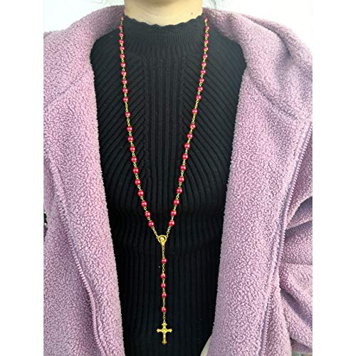 Rosary Beads Catholic for Women Girls, First Holy Communion Rosary Gifts for Girls Catholic, Gold White Rosary Necklace for Women Imitation Pearl Beads Necklace Rosarios Catolicos - color: Red
