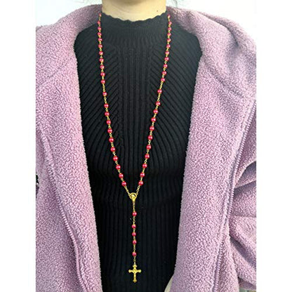 Rosary Beads Catholic for Women Girls, First Holy Communion Rosary Gifts for Girls Catholic, Gold White Rosary Necklace for Women Imitation Pearl Beads Necklace Rosarios Catolicos - color: Red