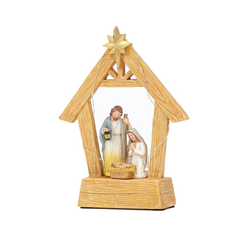 7.3'' Nativity Sets with Lights, Hand Painted Resin Holy Family Statues Manger Nativity Scene for Christmas Indoor Decorations(No Battery Included)