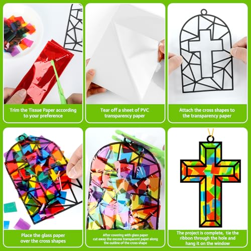 Lonfliness 32 Set Cross Suncatchers Craft DIY Religious VBS Window Stain Glass Effect Paper Christian Home Sunday Easter Decorations Art Craft Creative Activity Project Gift Favor - style: Cross
