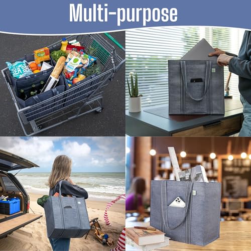 VENO 4 Pack Reusable Grocery Bags, Heavy-Duty Shopping Bags with Handles, Bags for Shopping Cart with Hard Bottom to Stand Upright, Foldable, Multi-Purpose(Gray, 4 Pack) - color: Gray